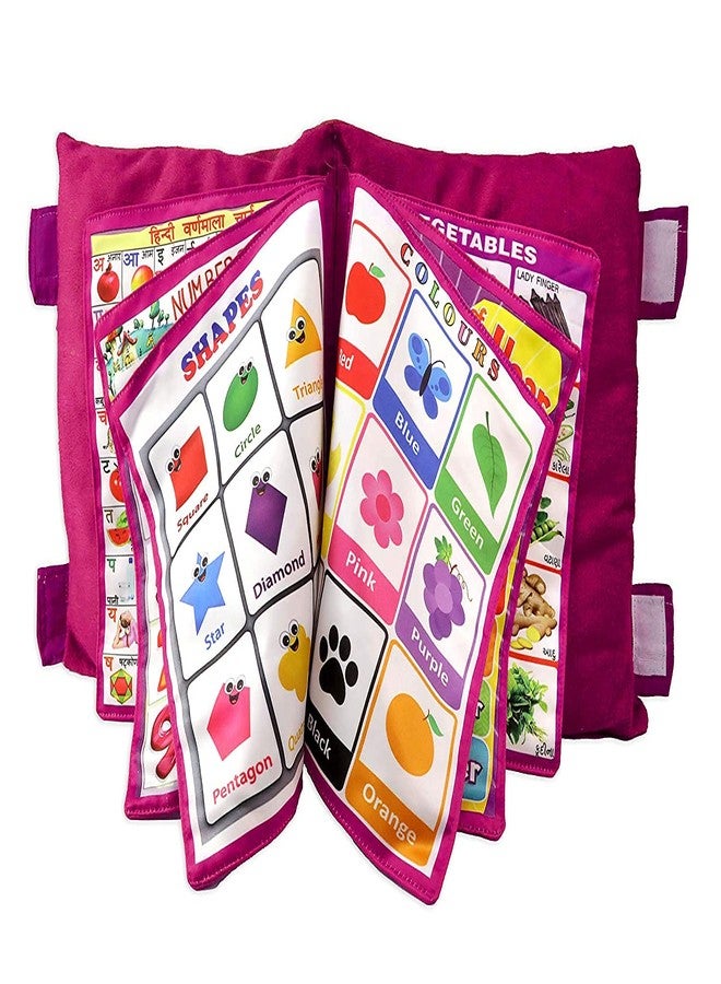 ADKD Kid's Learning Pillow Cum Book with English and Hindi Alphabets, Numbers, Animals Names Learning for Kids Cushion Book (Pink) - Image 1